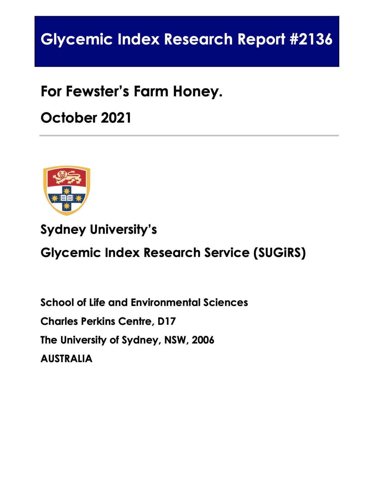 Fewsters Honey Sydney University Glycemic Index Report Fewsters 3221